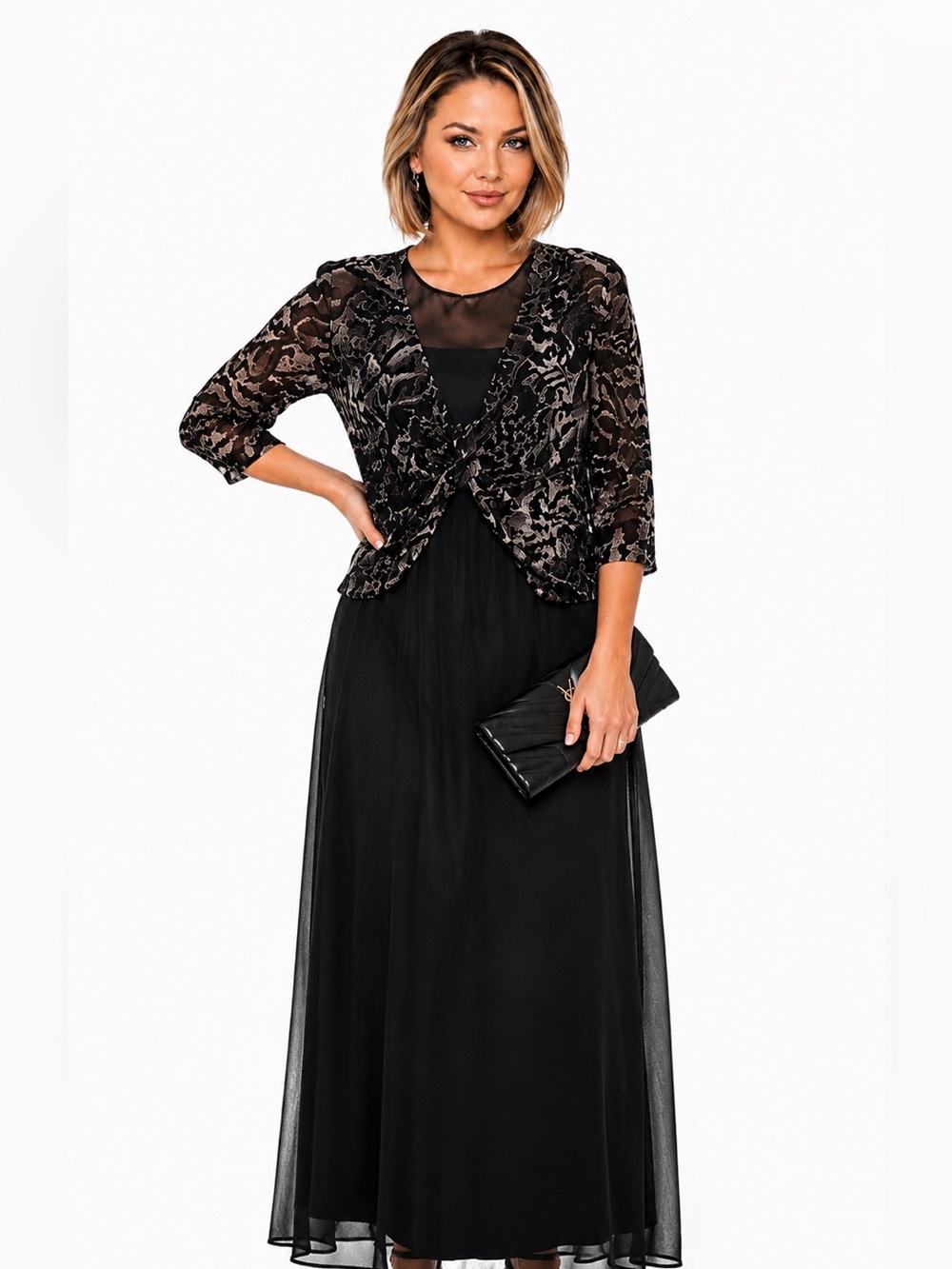 DKNY Black Maxi Dress with Brown Animal-Print Overlay Jacket